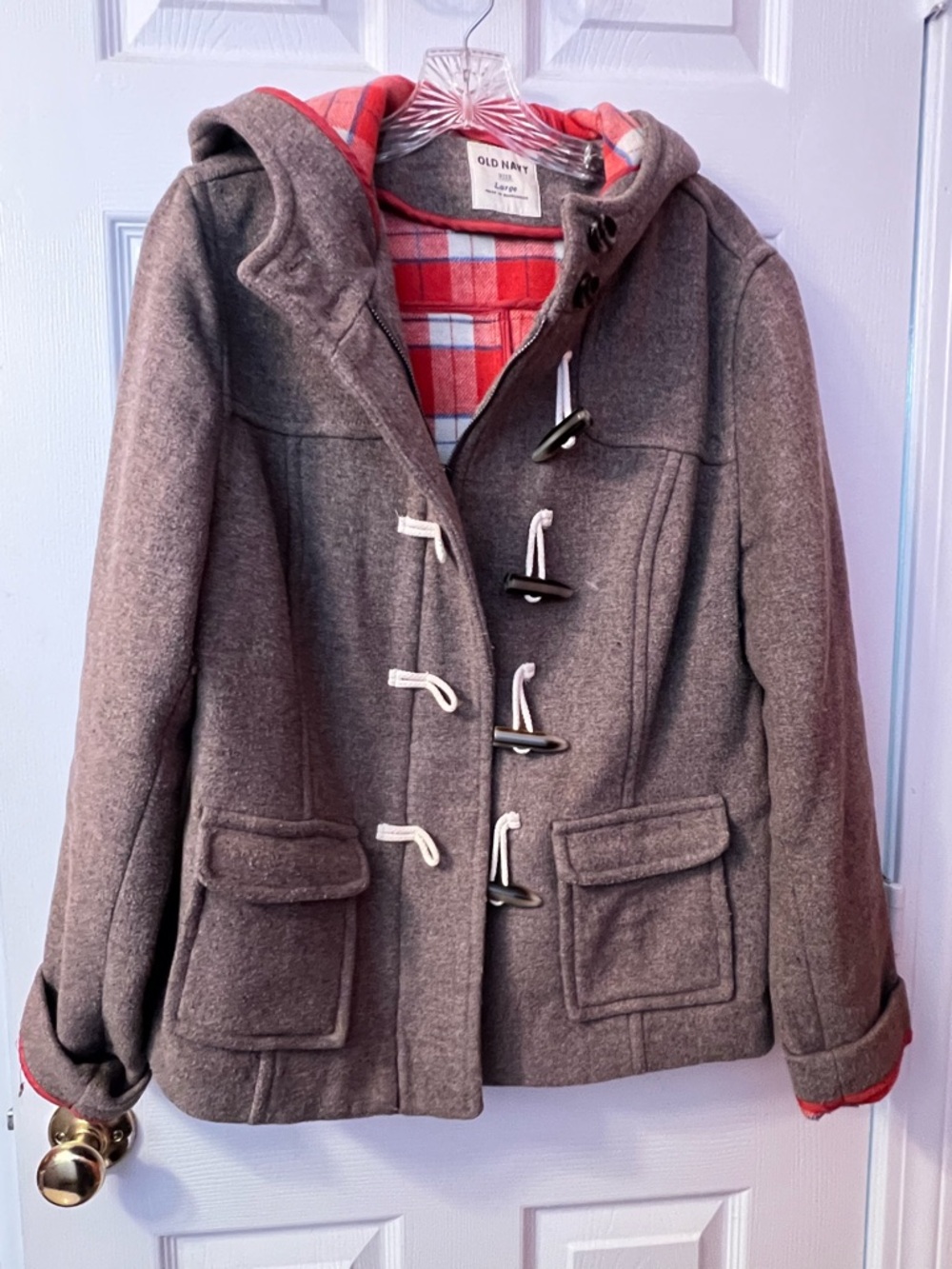 Old Navy Gray Toggle Wool-Blend Hooded Coat with Red Plaid Lining